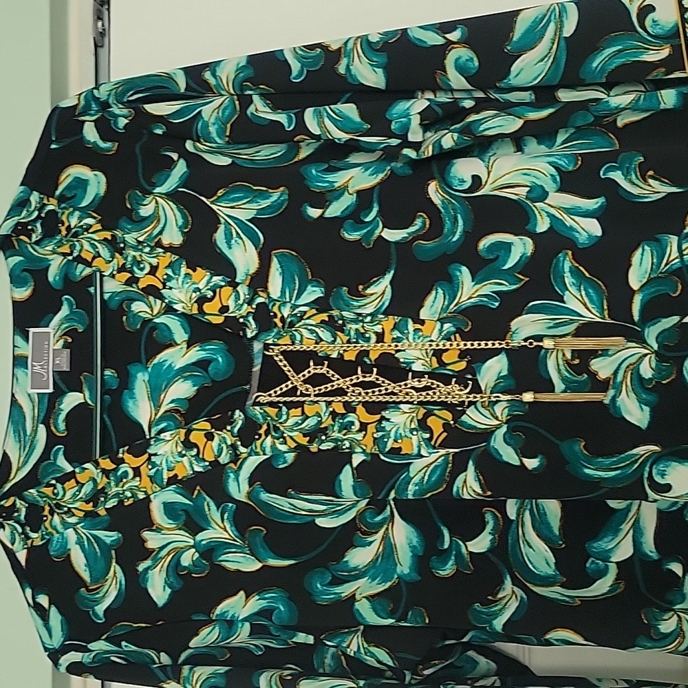 JM Collection Black Tunic with Teal and Gold Scroll Motif